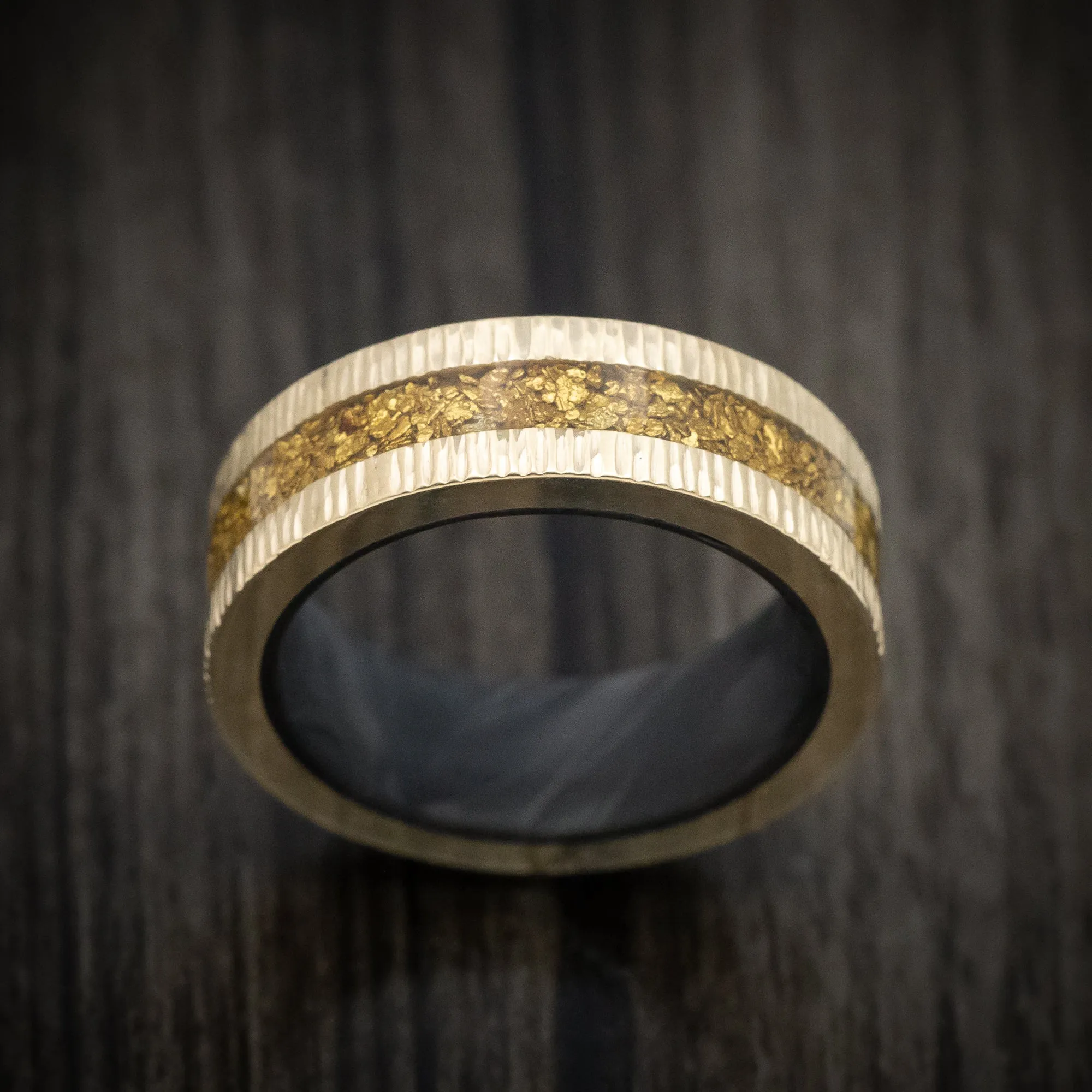 10K Gold and 24K Raw Gold Nugget Men's Ring with Forged Carbon Fiber Sleeve Custom Made Band