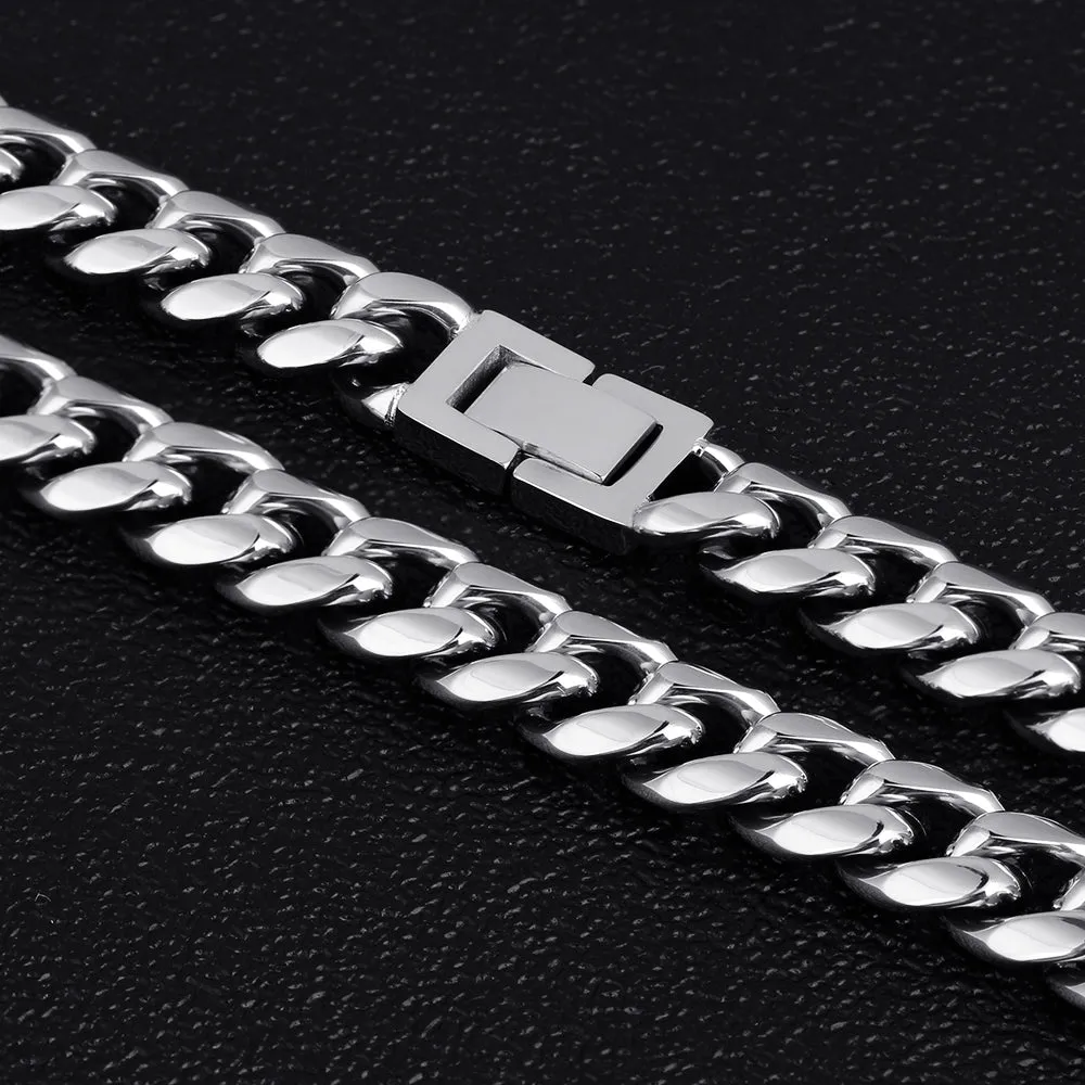 10mm Miami Cuban Link Chain and Bracelet Set for Men's Necklace in White Gold KRKC