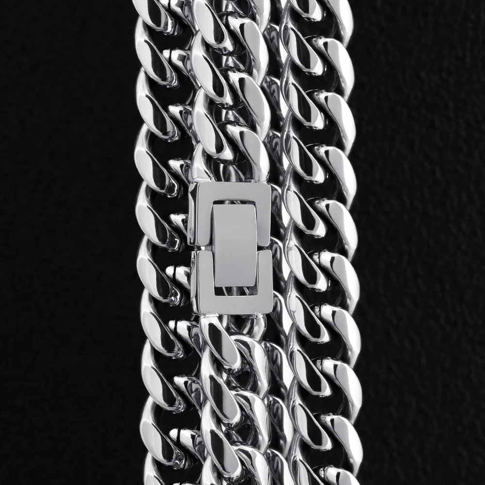 10mm Miami Cuban Link Chain and Bracelet Set for Men's Necklace in White Gold KRKC