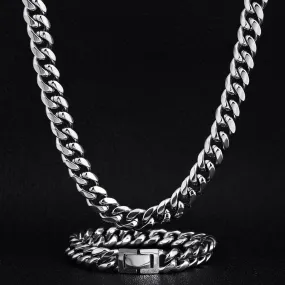 10mm Miami Cuban Link Chain and Bracelet Set for Men's Necklace in White Gold KRKC