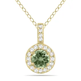 1/2 Carat Tw Halo Green Amethyst And Diamond Pendant In 10K Yellow Gold