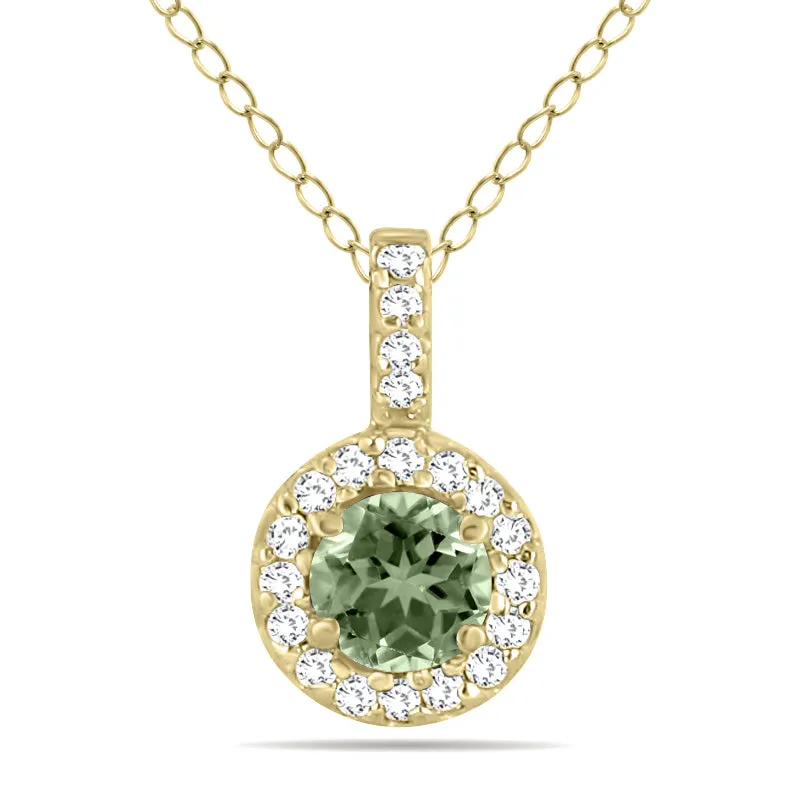 1/2 Carat Tw Halo Green Amethyst And Diamond Pendant In 10K Yellow Gold