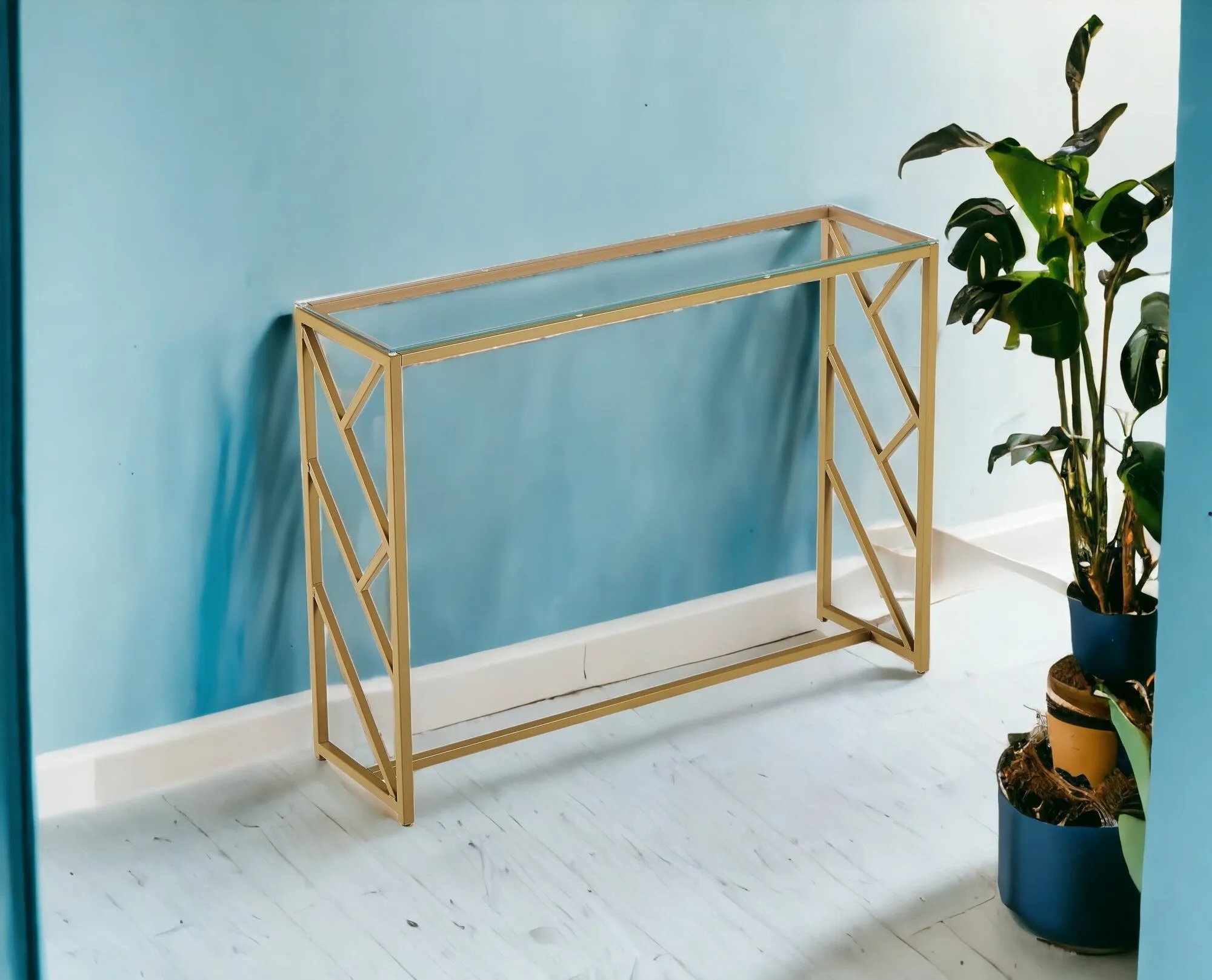 12" Clear and Gold Glass Frame Console Table By Homeroots