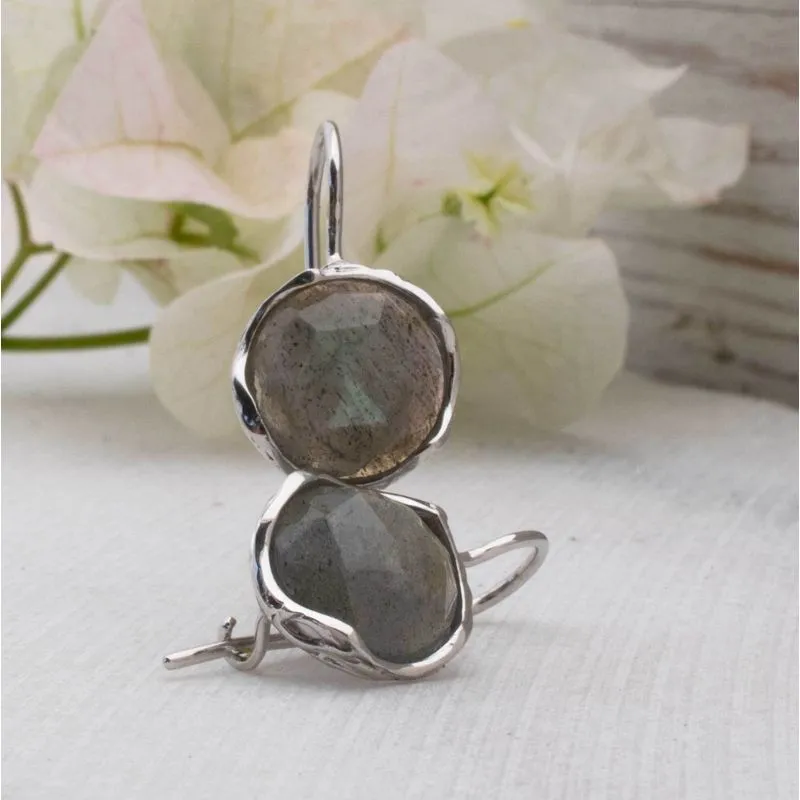 14K White Gold Round Brown Labradorite 12mm Dangle Earrings