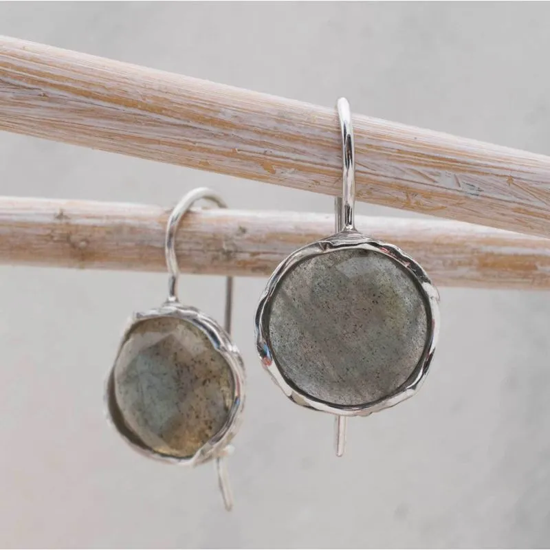 14K White Gold Round Brown Labradorite 12mm Dangle Earrings