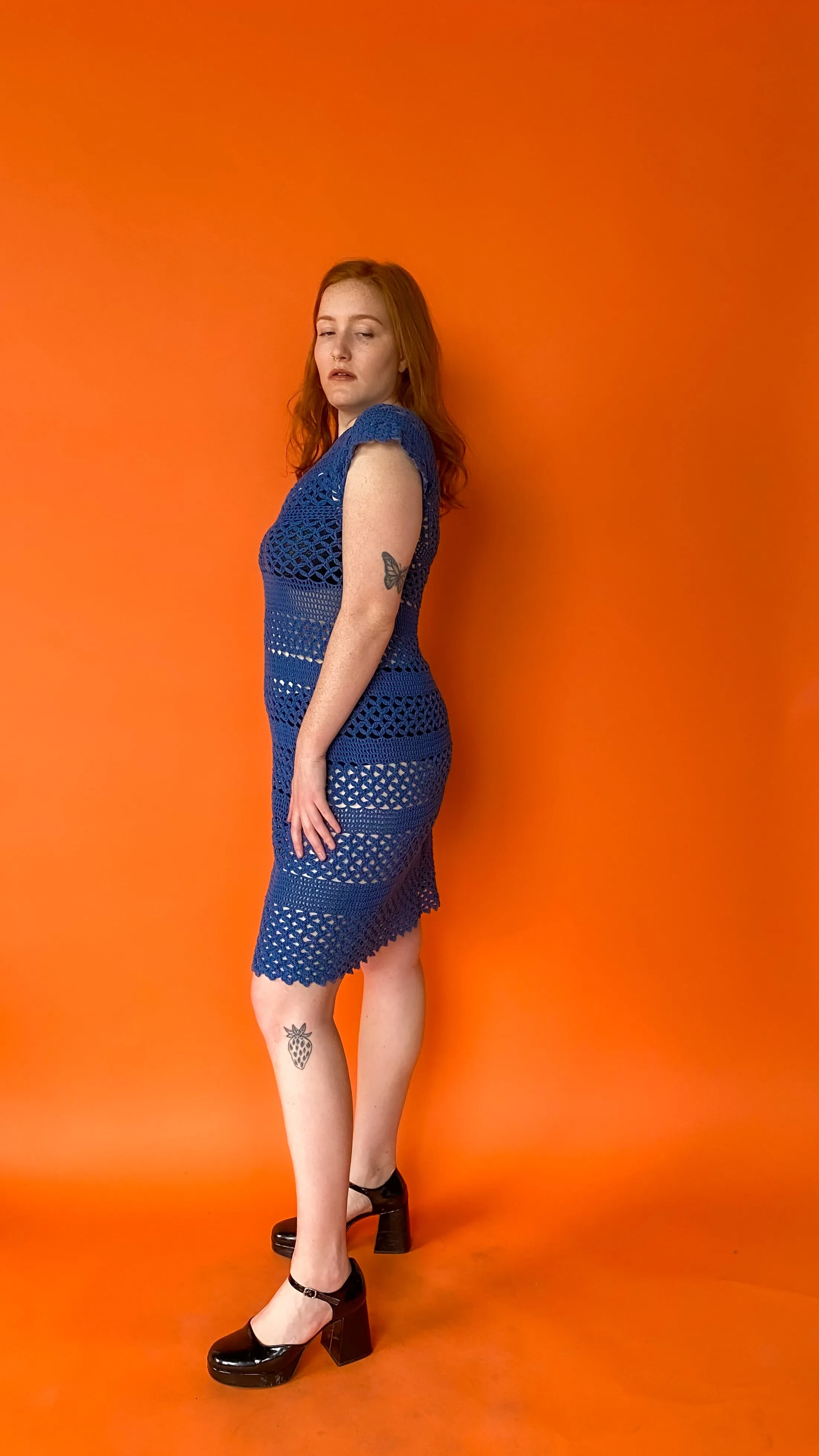 1990s Steel Blue Crochet Midi Dress, sz. S/M