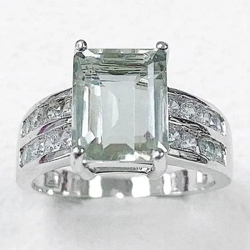 3.05 CT GREEN AMETHYST & 1.04 CT CREATED WHITE SAPPHIRE 925 STERLING SILVER RING