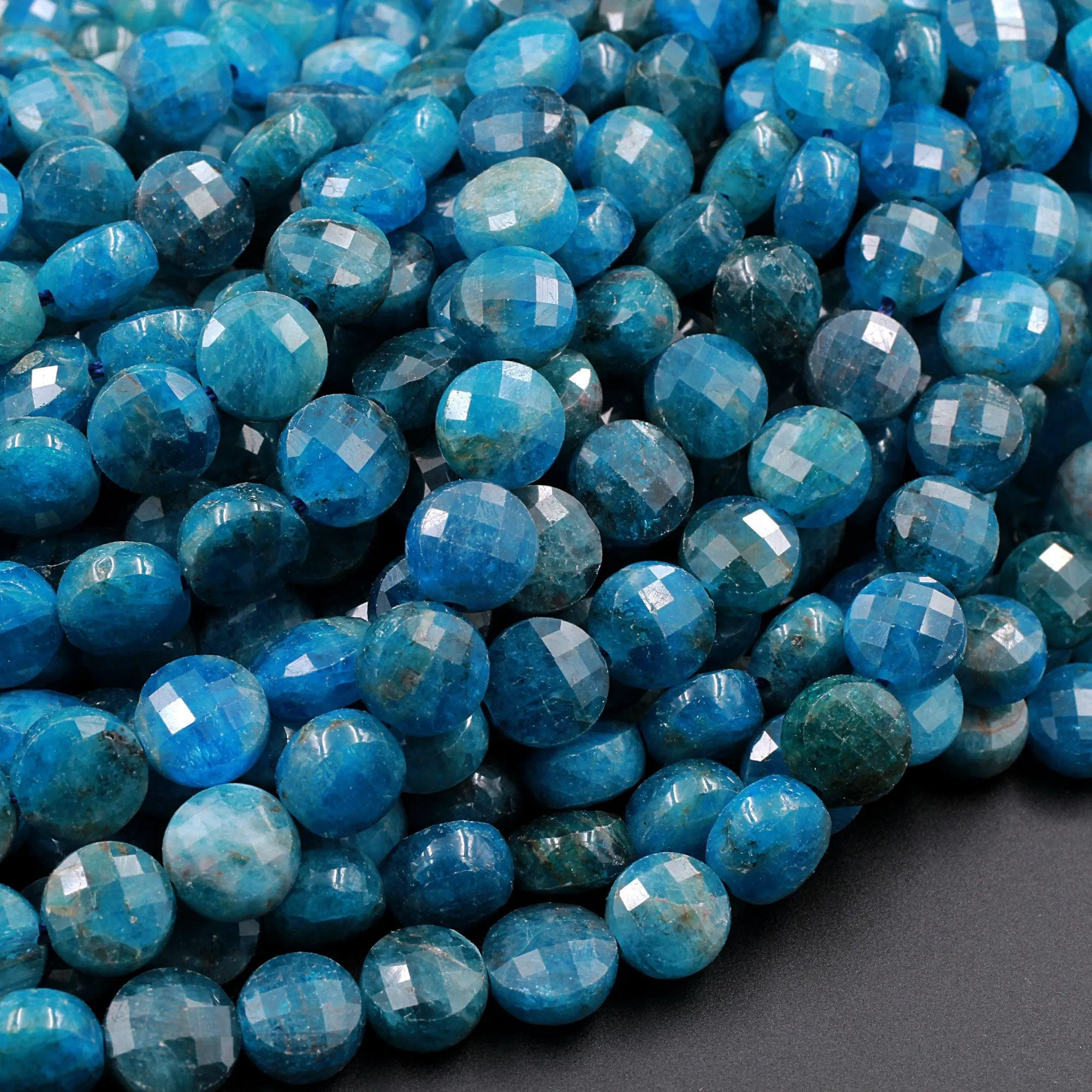 AA Natural Blue Apatite Faceted Coin 8mm Beads Flashy Blue Green Micro Faceted Laser Diamond Cut Gemstone 16" Strand