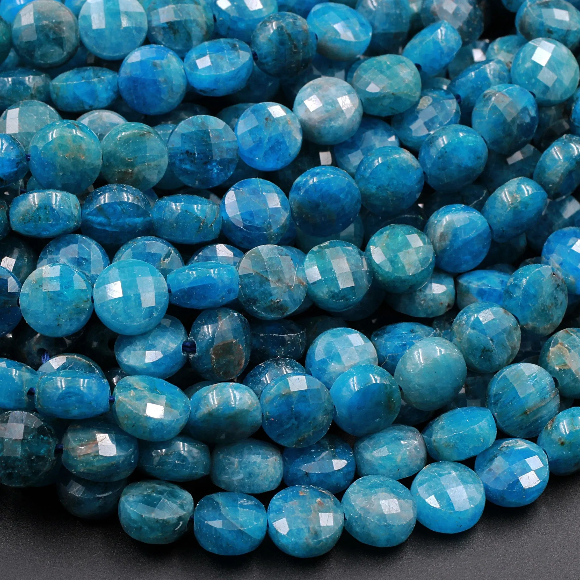 AA Natural Blue Apatite Faceted Coin 8mm Beads Flashy Blue Green Micro Faceted Laser Diamond Cut Gemstone 16" Strand