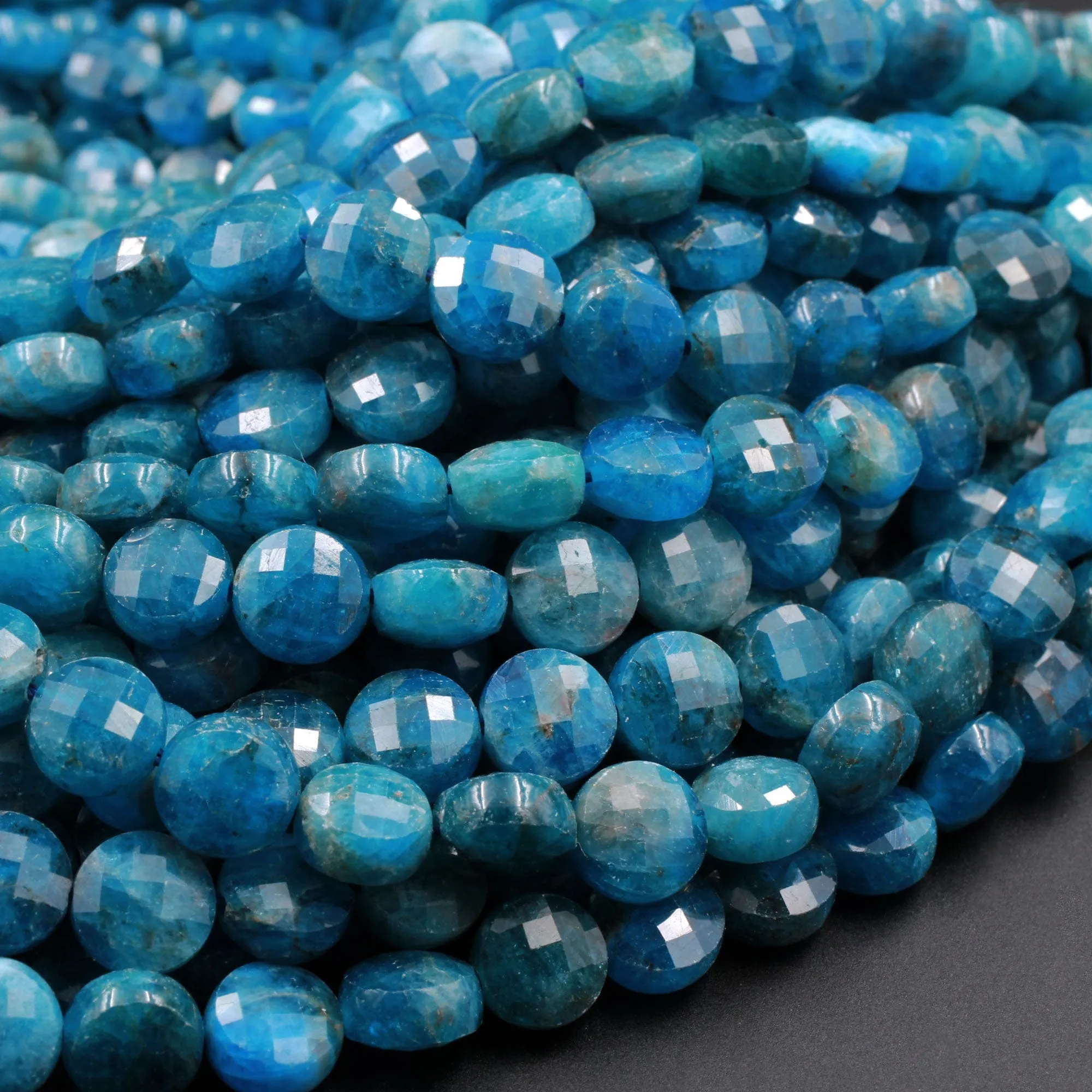 AA Natural Blue Apatite Faceted Coin 8mm Beads Flashy Blue Green Micro Faceted Laser Diamond Cut Gemstone 16" Strand