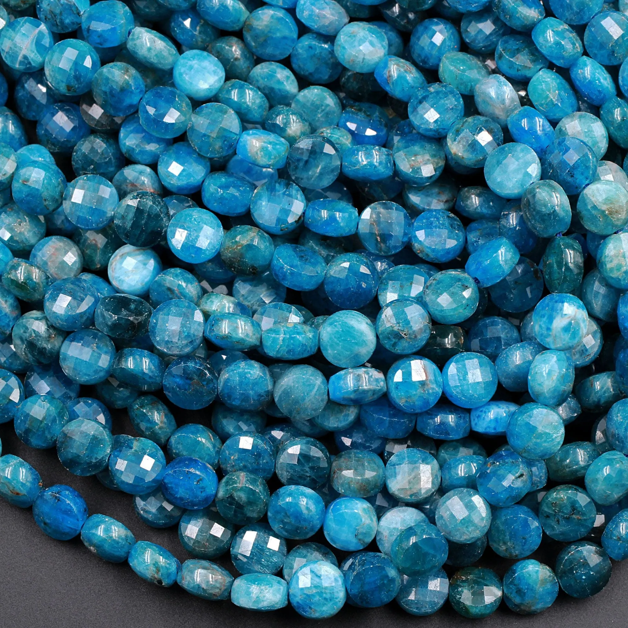 AA Natural Blue Apatite Faceted Coin 8mm Beads Flashy Blue Green Micro Faceted Laser Diamond Cut Gemstone 16" Strand