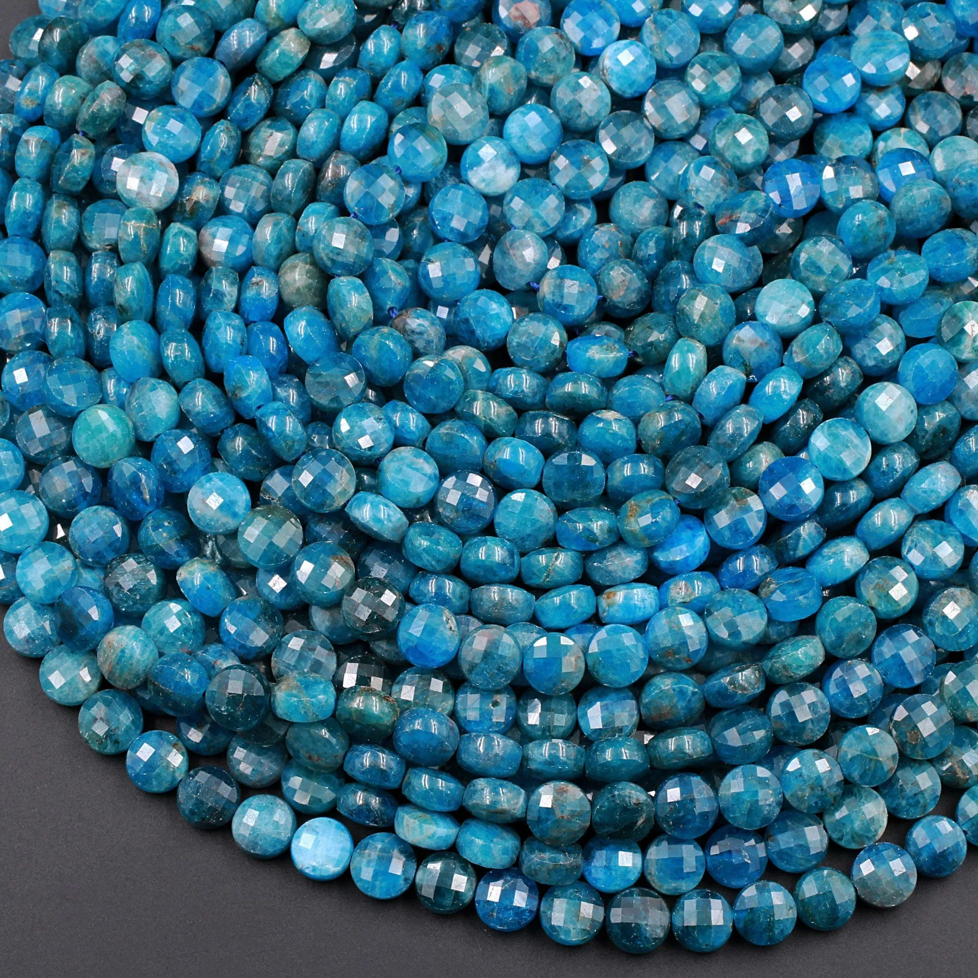 AA Natural Blue Apatite Faceted Coin 8mm Beads Flashy Blue Green Micro Faceted Laser Diamond Cut Gemstone 16" Strand