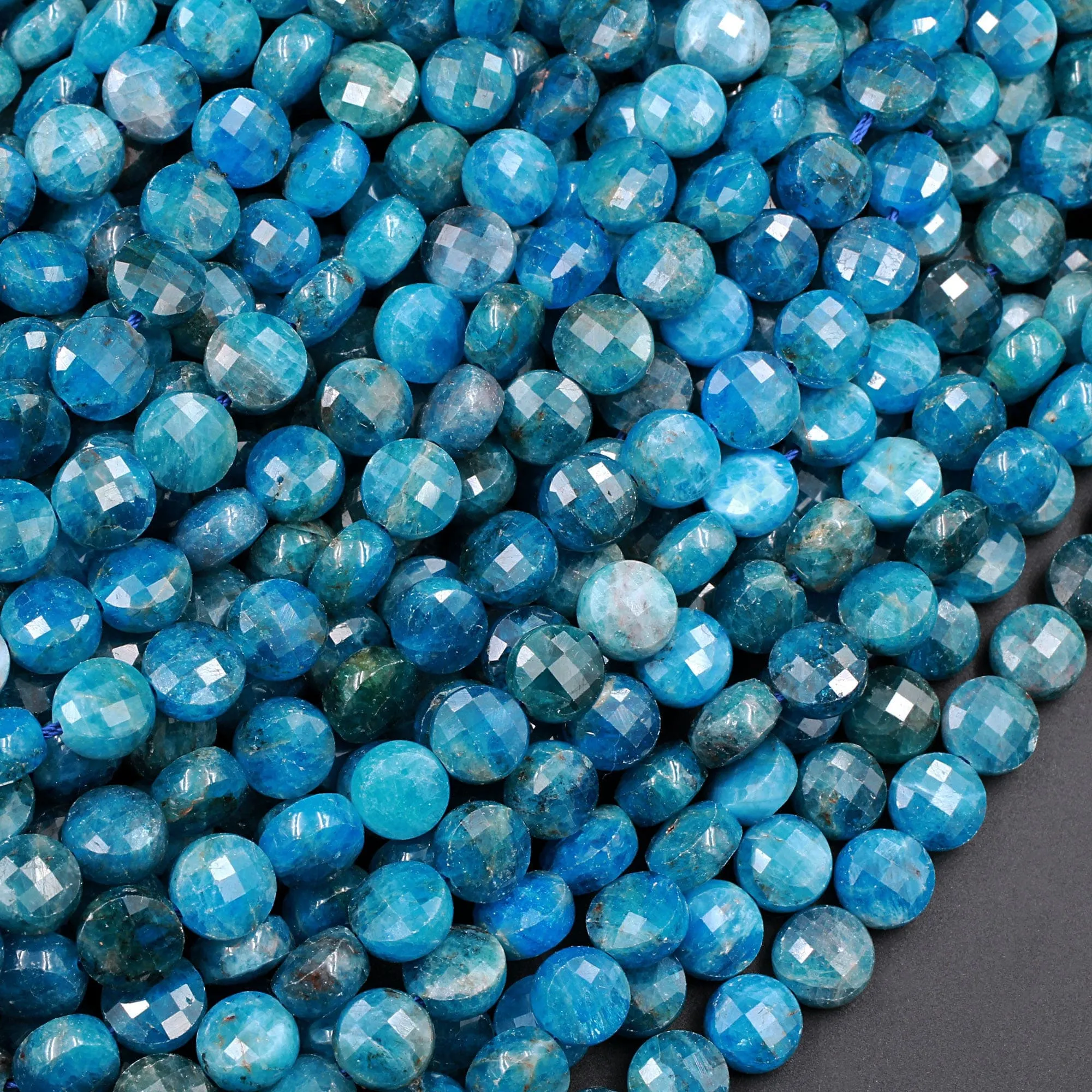 AA Natural Blue Apatite Faceted Coin 8mm Beads Flashy Blue Green Micro Faceted Laser Diamond Cut Gemstone 16" Strand