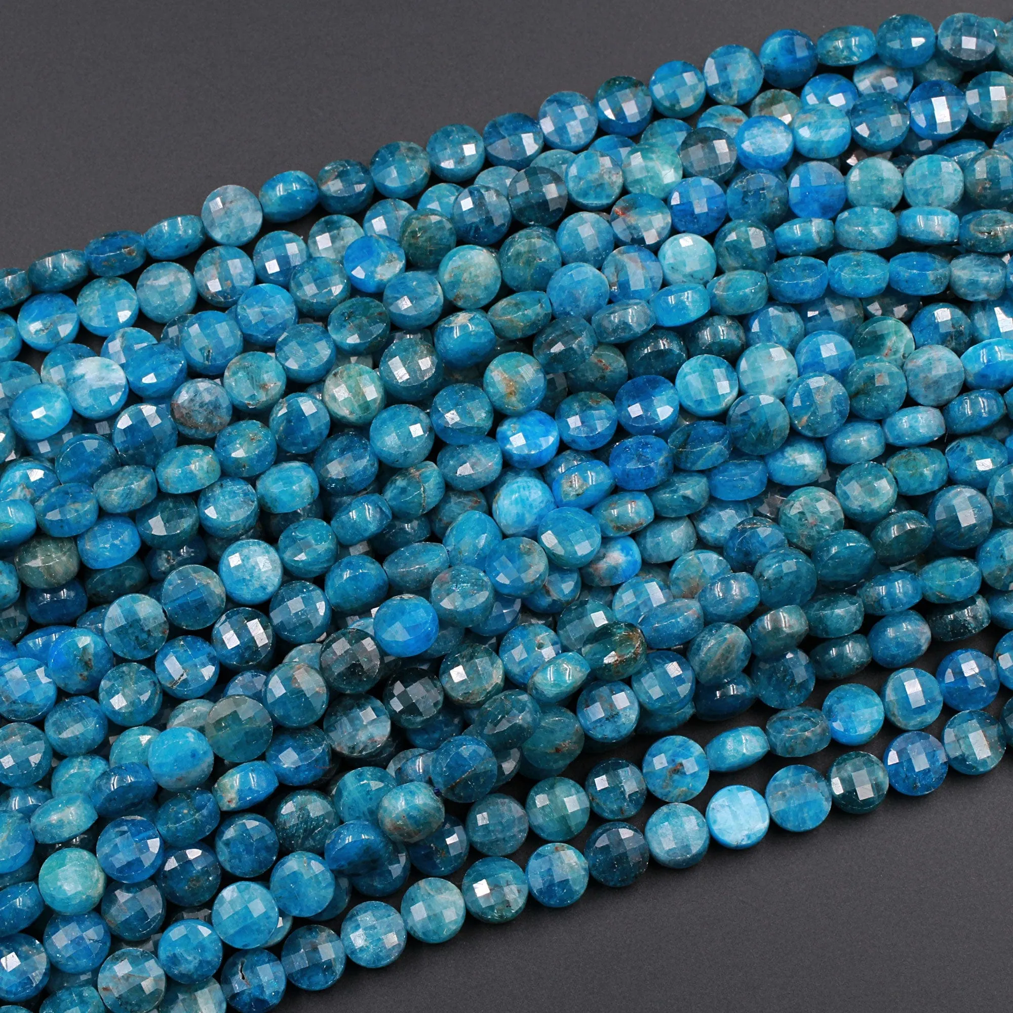 AA Natural Blue Apatite Faceted Coin 8mm Beads Flashy Blue Green Micro Faceted Laser Diamond Cut Gemstone 16" Strand