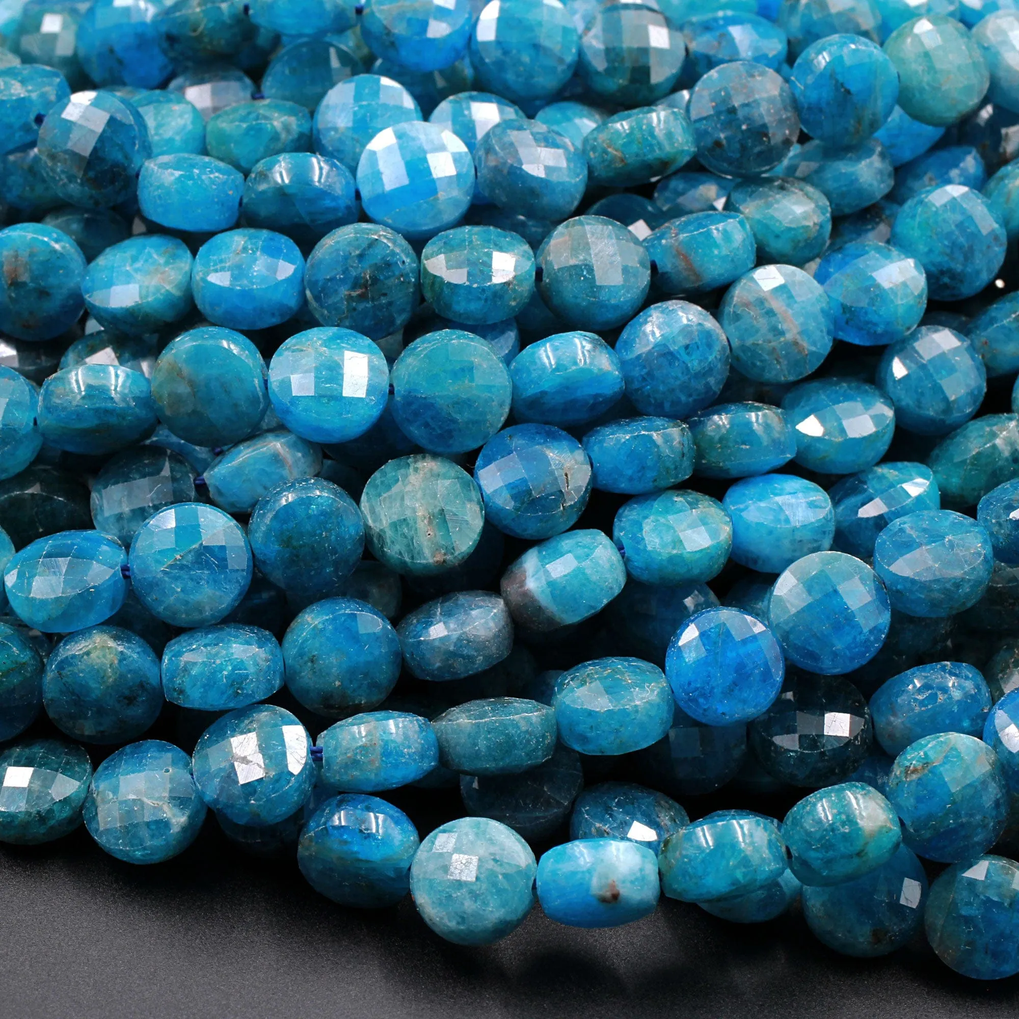 AA Natural Blue Apatite Faceted Coin 8mm Beads Flashy Blue Green Micro Faceted Laser Diamond Cut Gemstone 16" Strand