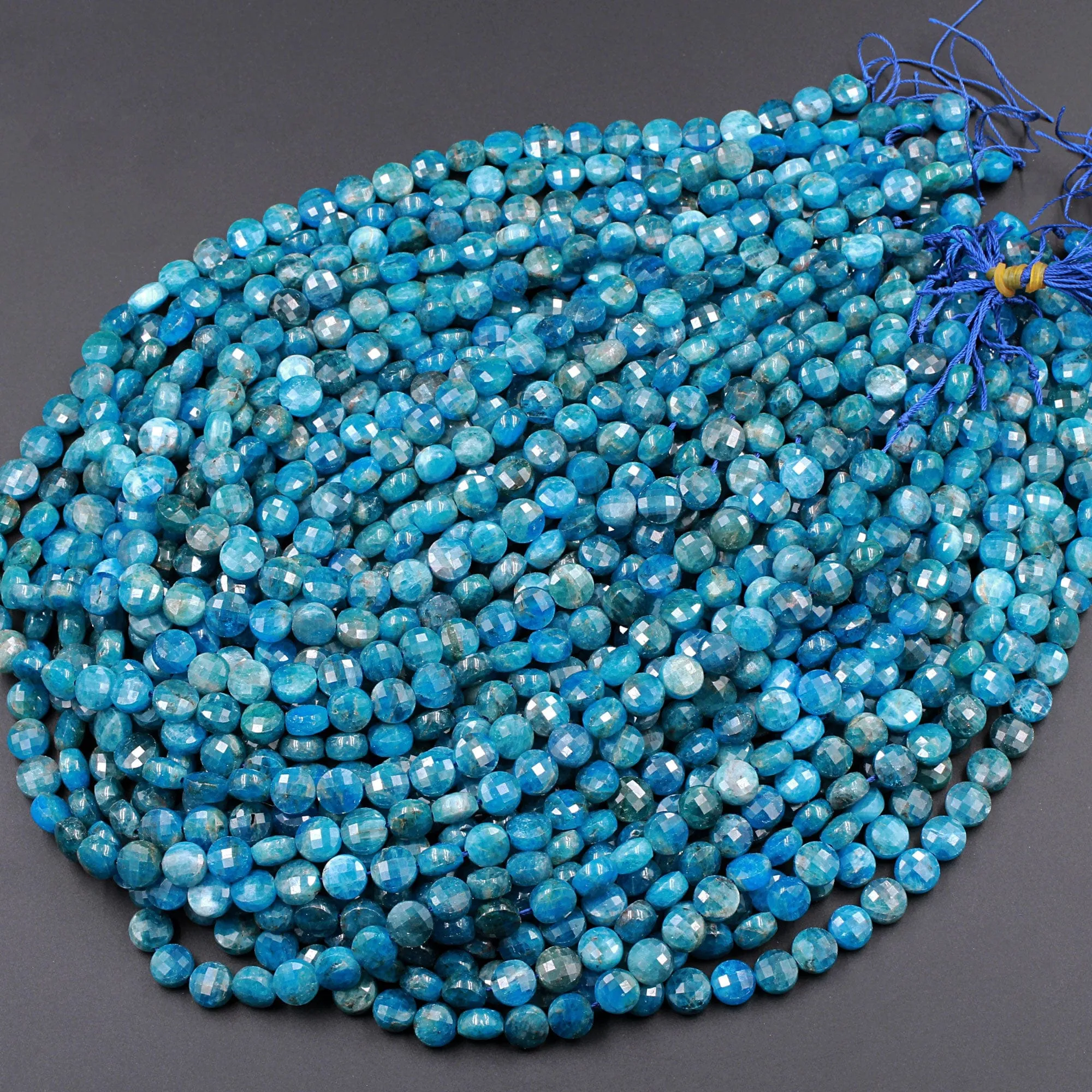 AA Natural Blue Apatite Faceted Coin 8mm Beads Flashy Blue Green Micro Faceted Laser Diamond Cut Gemstone 16" Strand