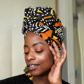 African Black Yellow / orange Bogolan / mud cloth headwrap