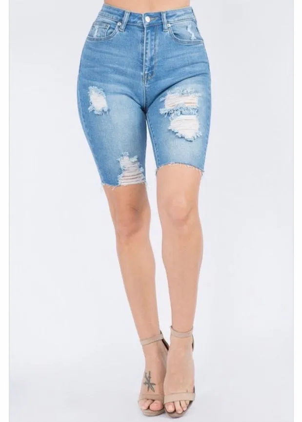 American Bazi Distressed Denim Skinny Bermuda Shorts (Blue) RSS-5304