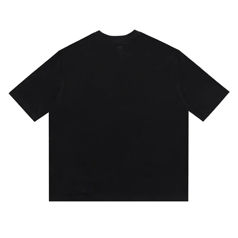 AMI PARIS - BLACK TEE WITH BIG RED HEART LOGO EMBROIDERED