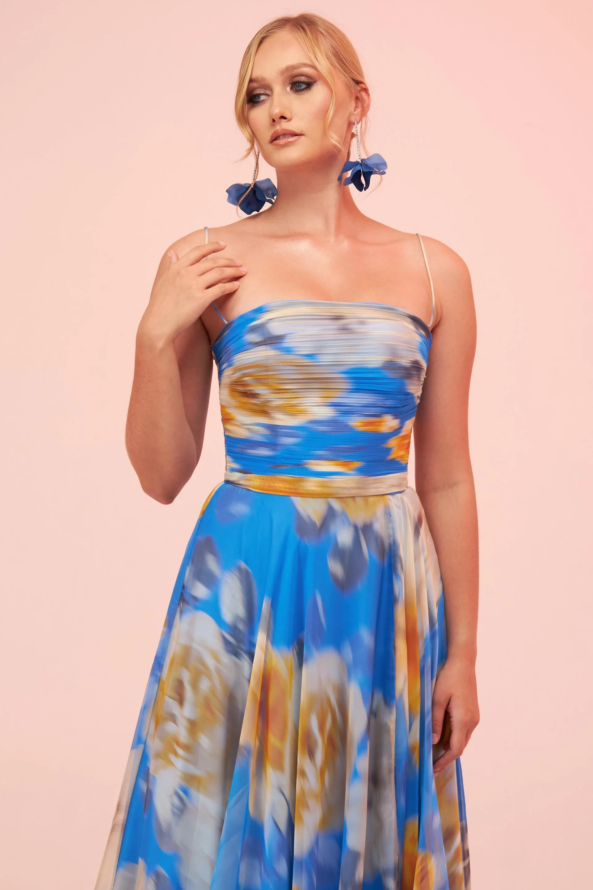 Angelino Blue Strap Slit Printed Evening Dress