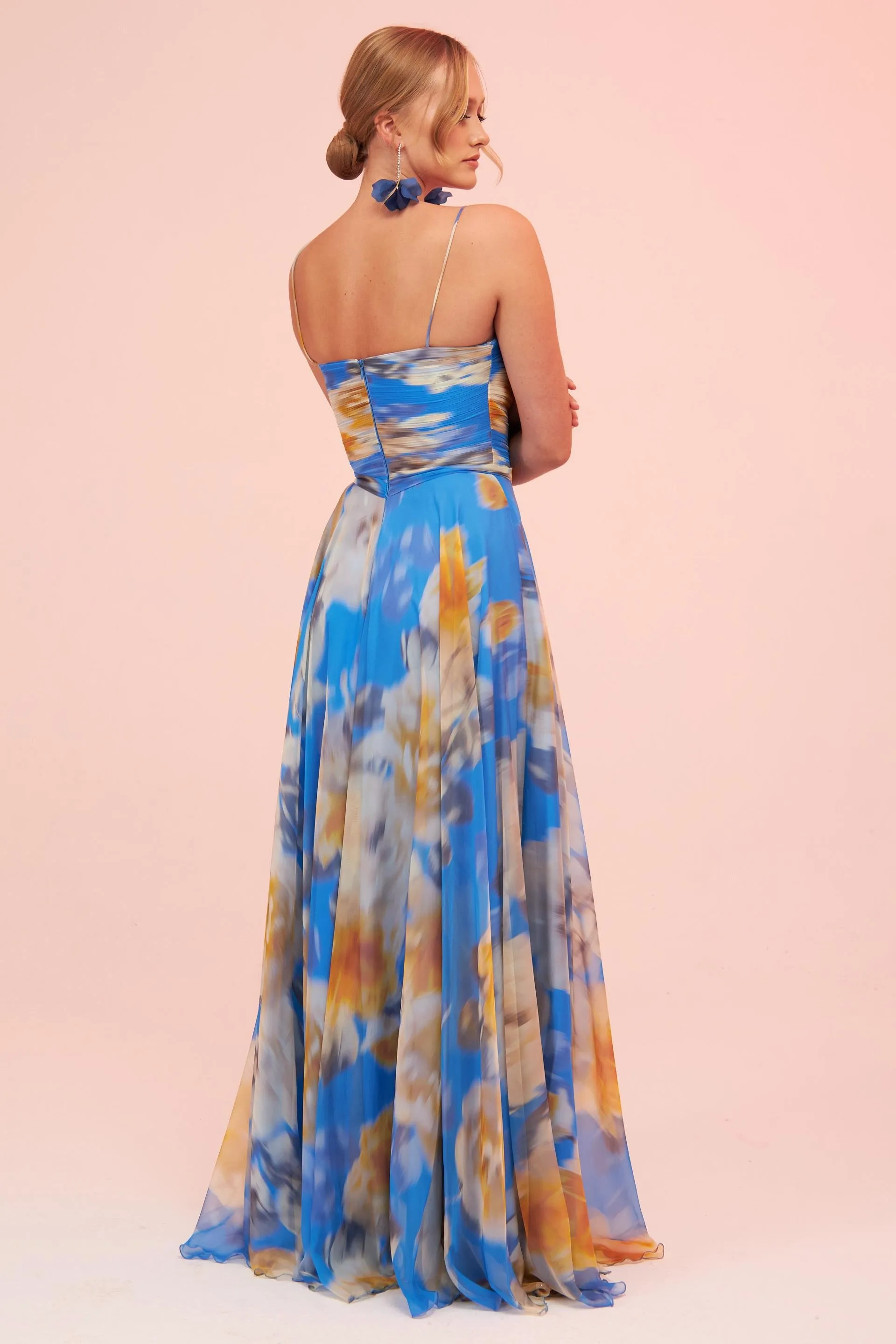 Angelino Blue Strap Slit Printed Evening Dress