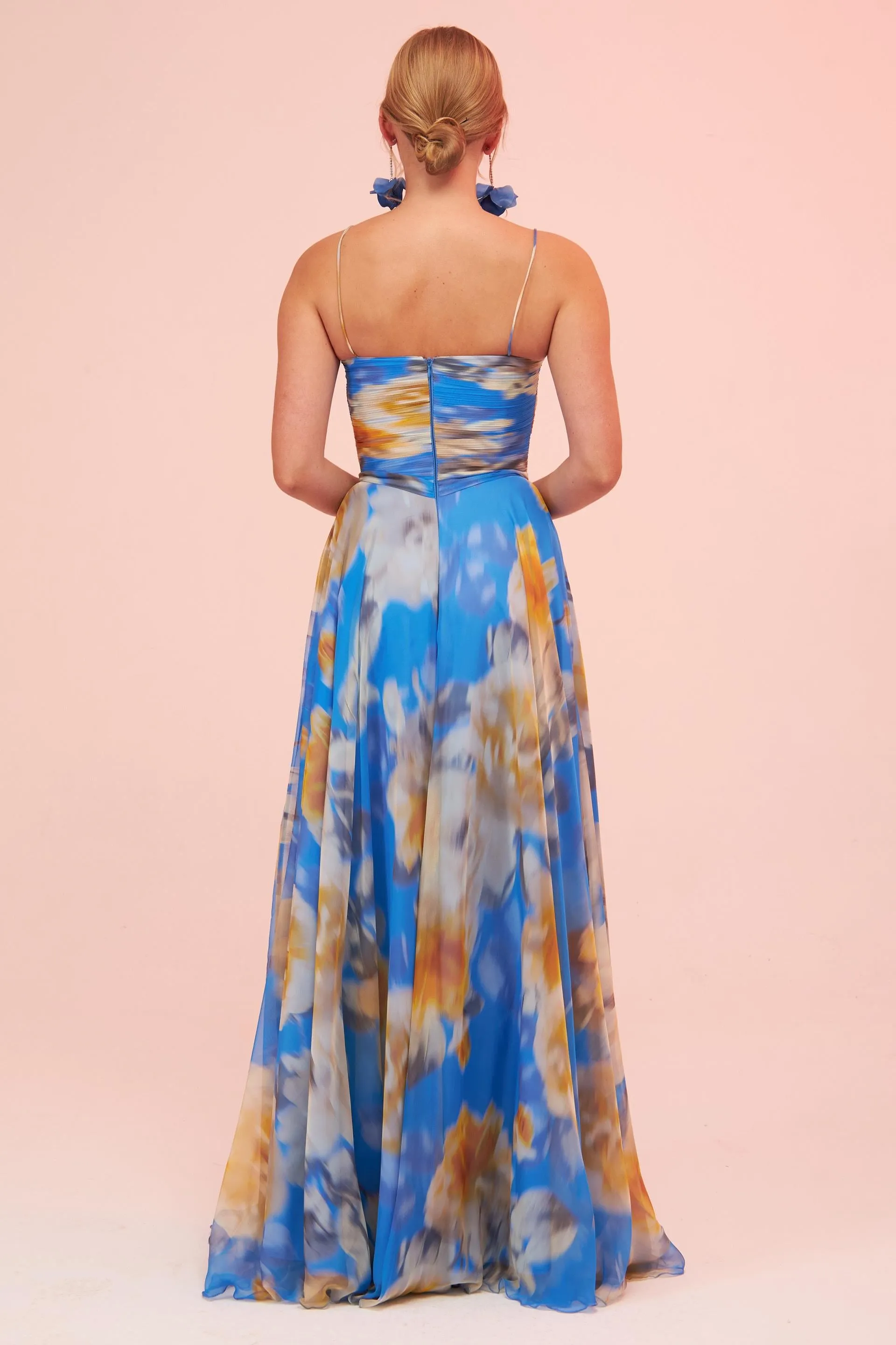 Angelino Blue Strap Slit Printed Evening Dress