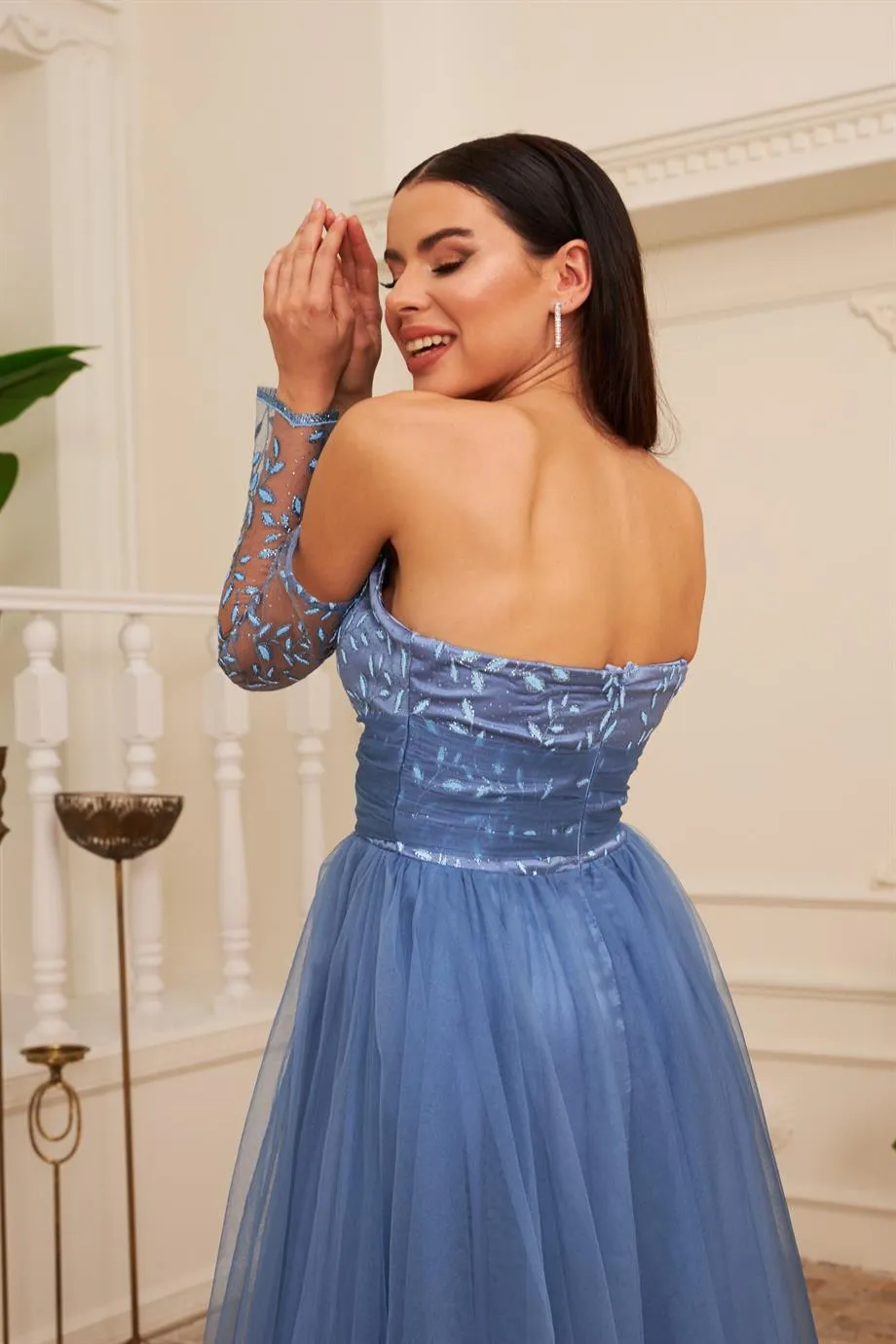 Angelino Indigo Tulle Midi Engagement and Söz Dress