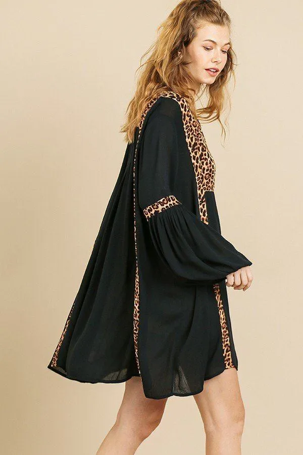 Animal Print Long Puff Sleeve Split Neck Babydoll Dress