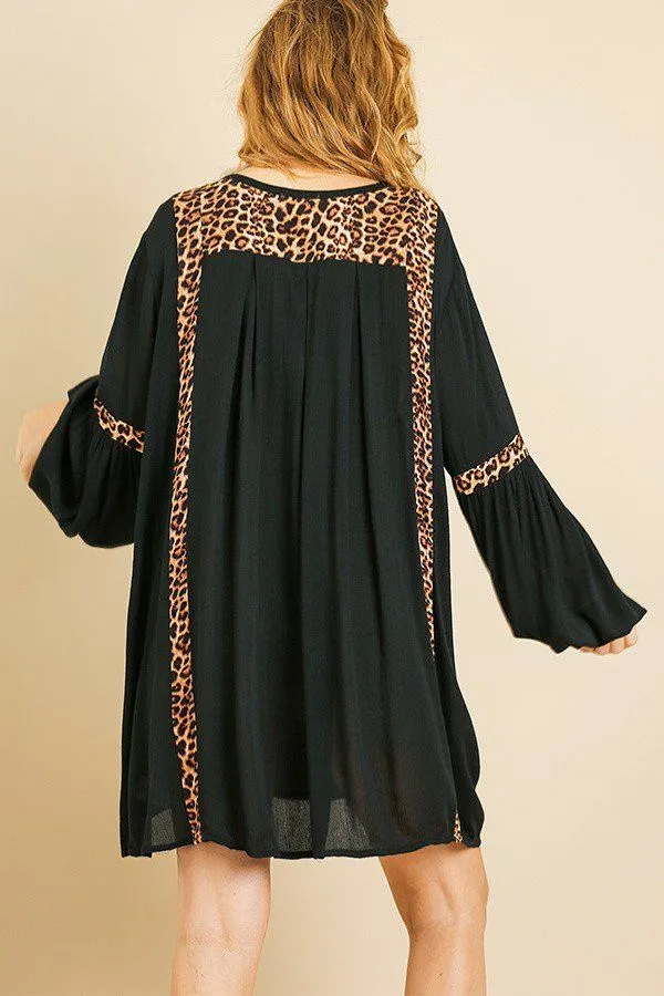 Animal Print Long Puff Sleeve Split Neck Babydoll Dress