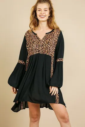 Animal Print Long Puff Sleeve Split Neck Babydoll Dress