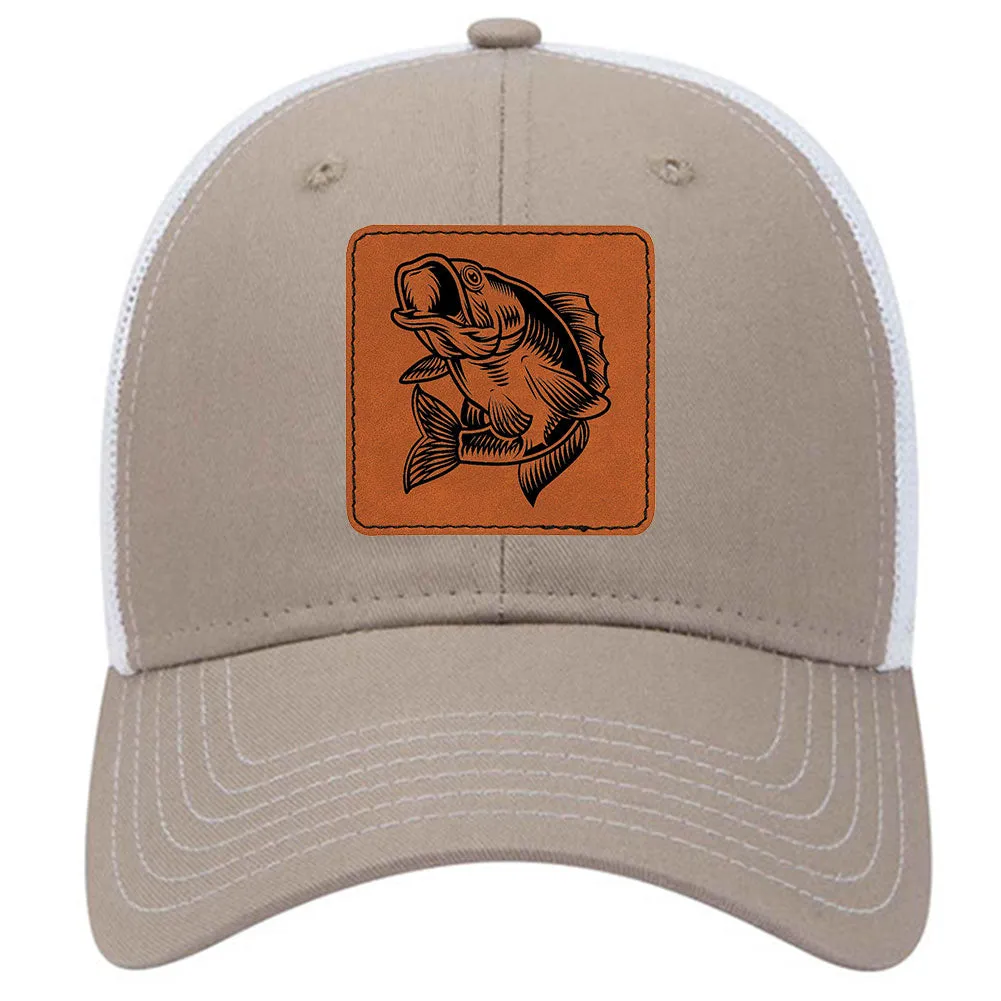 Bass Fish Square Leatherette Patch 6 Panel Low Profile Mesh Back Trucker Hat - For Men and Women