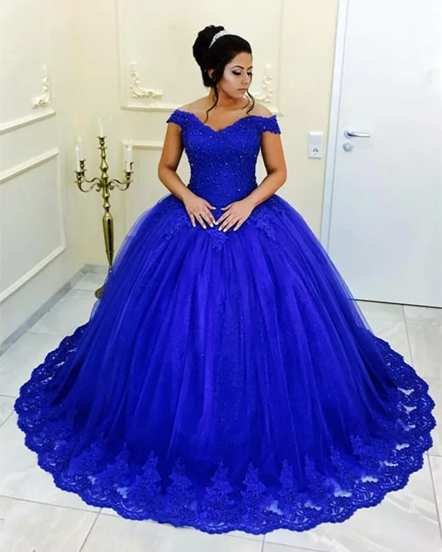 Beaded Lace V-neck Off Shoulder Tulle Ball Gowns Quinceanera Dresses