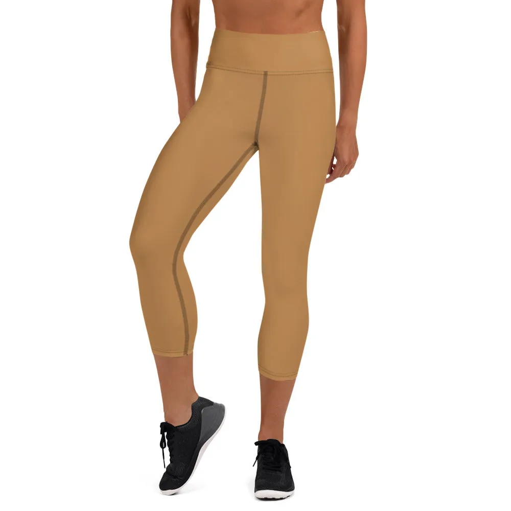 Beige Brown Yoga Capri Leggings, Solid Color Women's High Waisted Capris Tights-Made in USA/EU