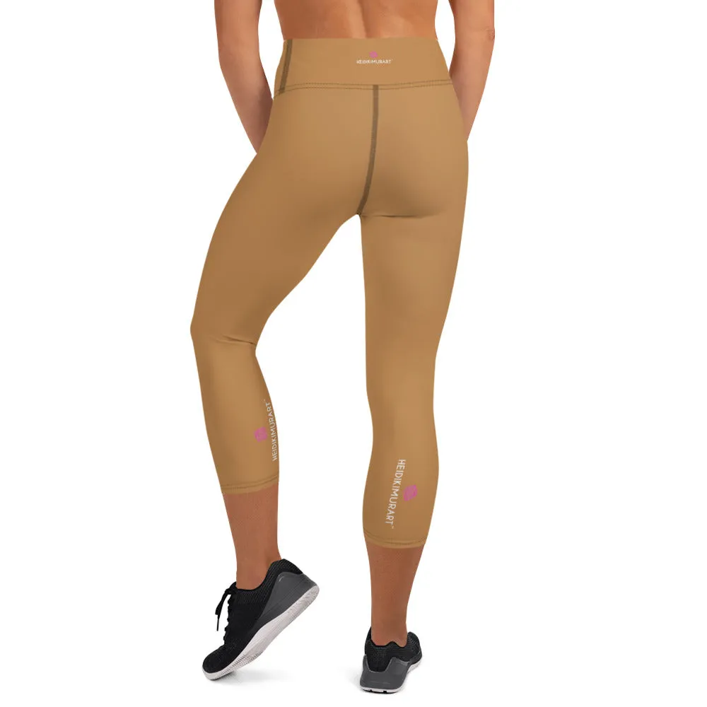 Beige Brown Yoga Capri Leggings, Solid Color Women's High Waisted Capris Tights-Made in USA/EU