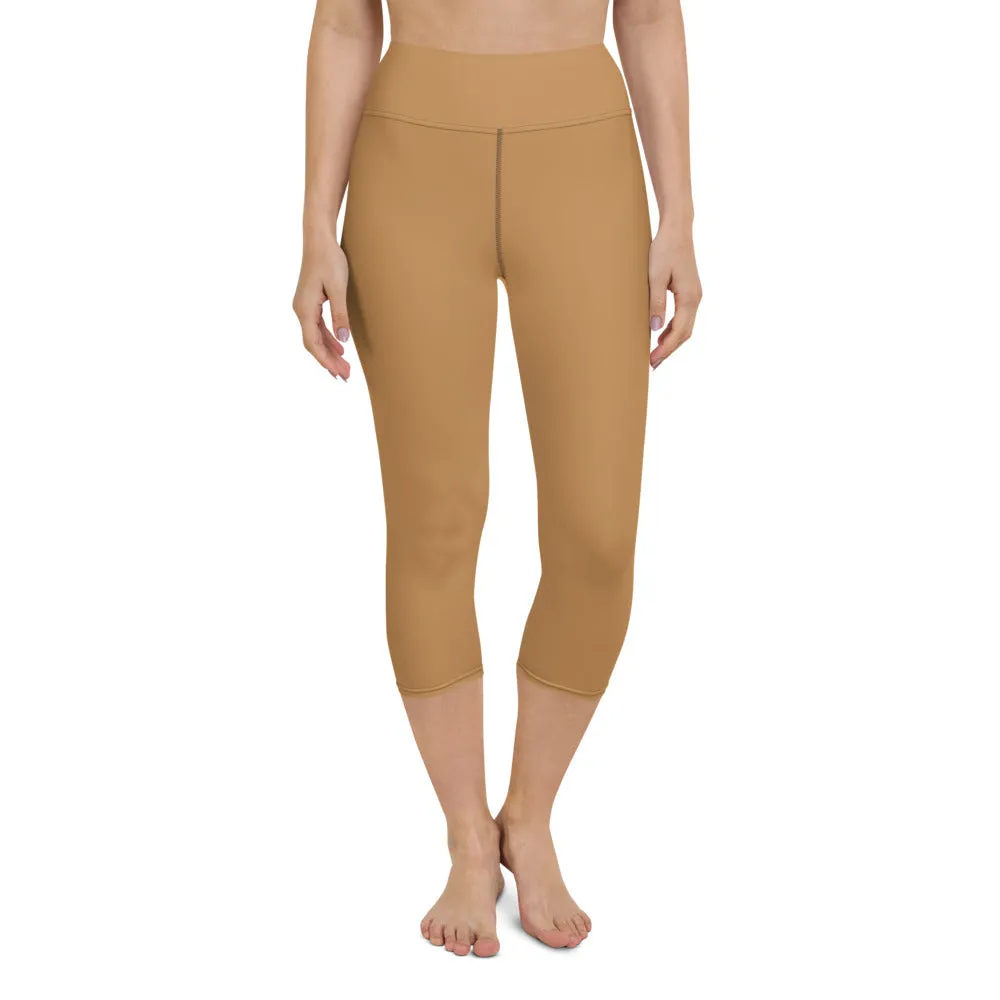 Beige Brown Yoga Capri Leggings, Solid Color Women's High Waisted Capris Tights-Made in USA/EU