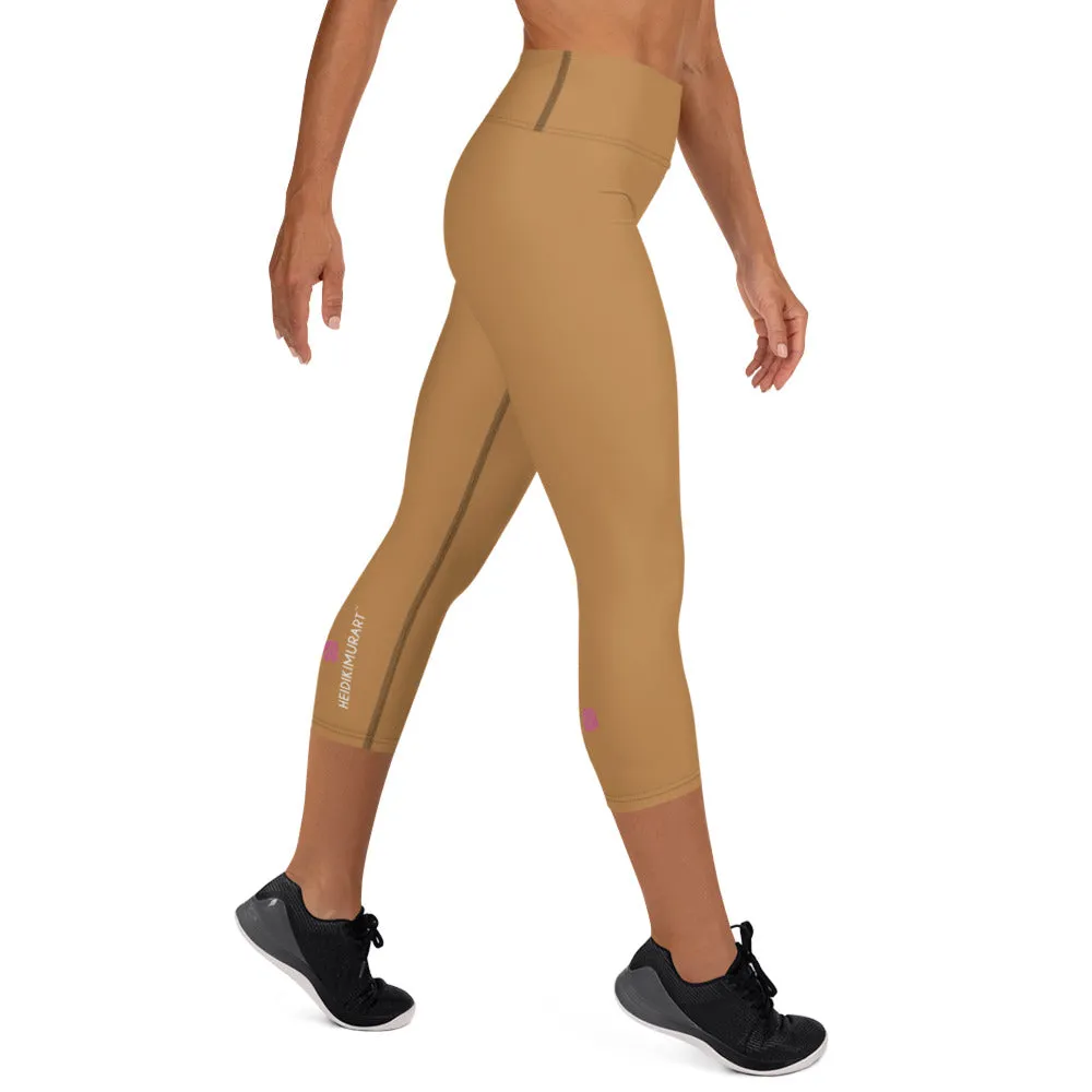 Beige Brown Yoga Capri Leggings, Solid Color Women's High Waisted Capris Tights-Made in USA/EU