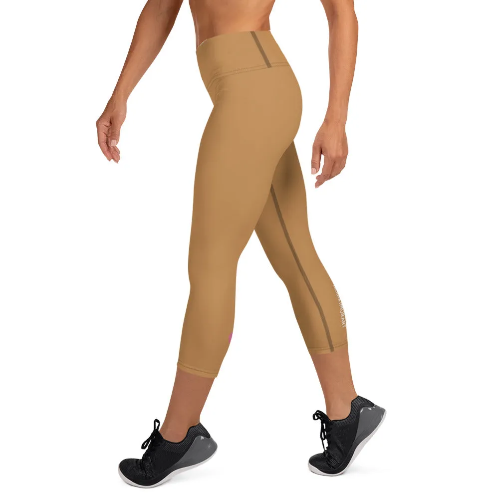 Beige Brown Yoga Capri Leggings, Solid Color Women's High Waisted Capris Tights-Made in USA/EU