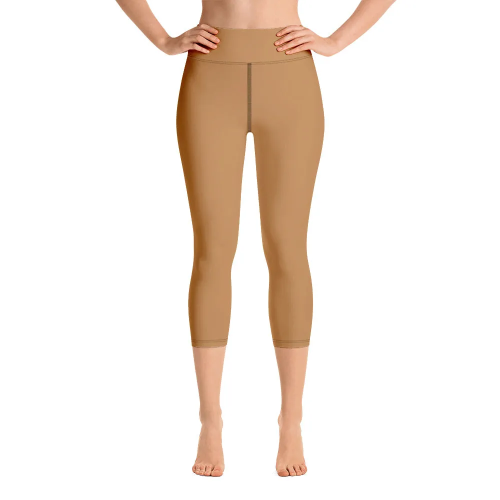 Beige Brown Yoga Capri Leggings, Solid Color Women's High Waisted Capris Tights-Made in USA/EU