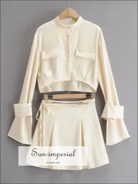 Beige Long Sleeve Satin Stand Collar Crop top Shirt with Cuff Closer and Tie Strap Satin Mini skirt set