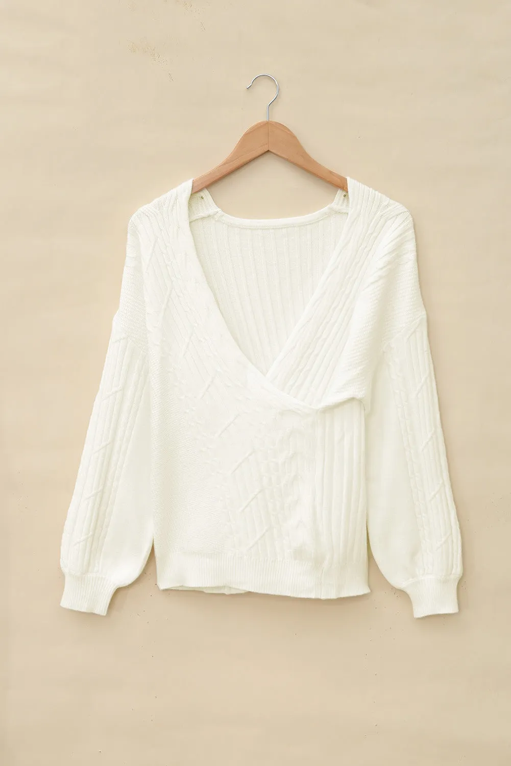 Beige Wrap V Neck Lantern Sleeve Sweater