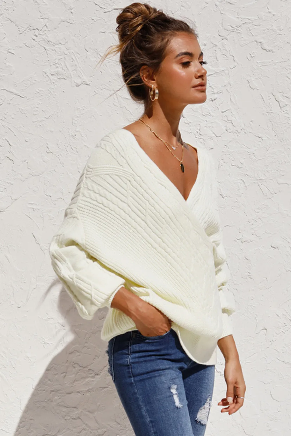 Beige Wrap V Neck Lantern Sleeve Sweater