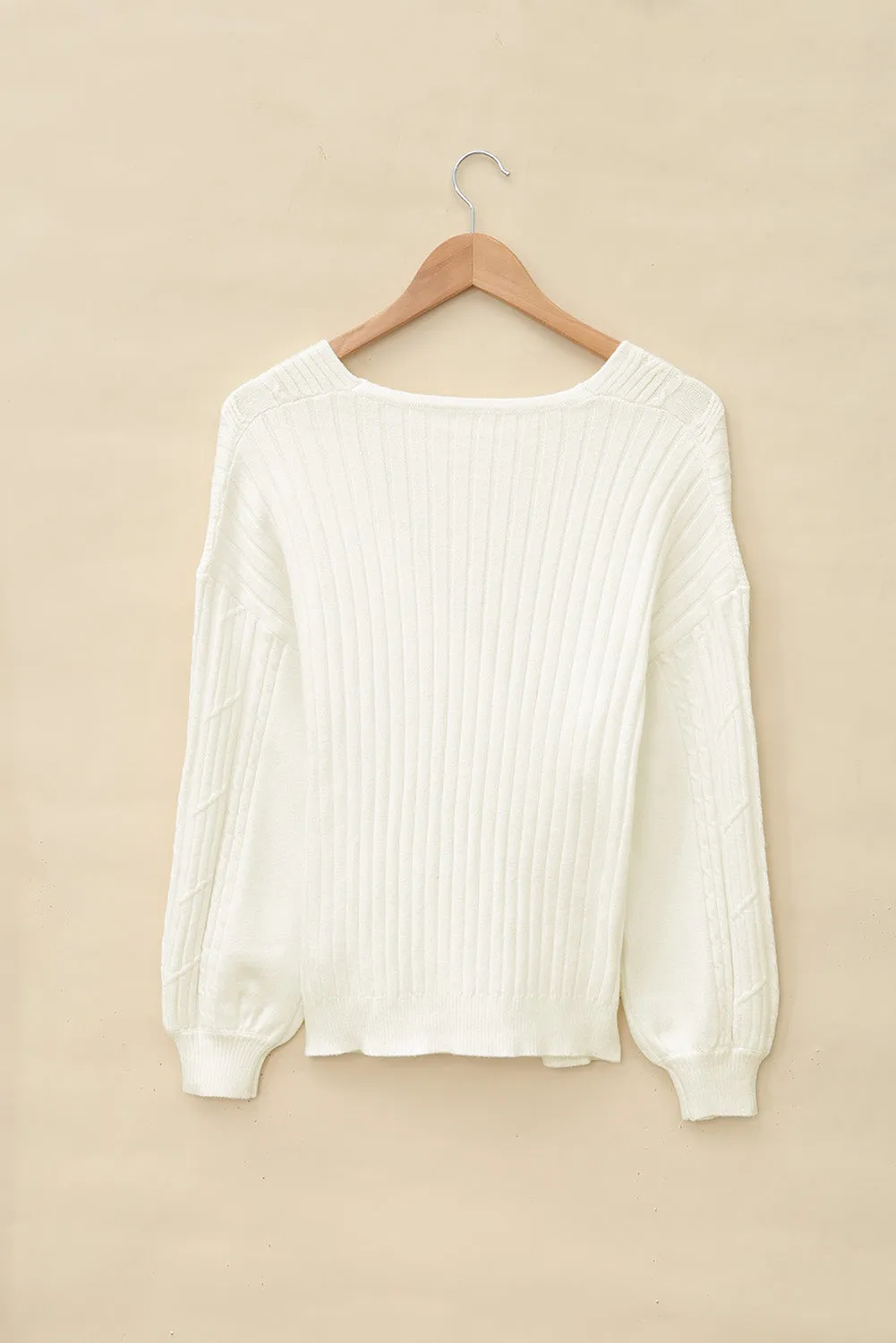 Beige Wrap V Neck Lantern Sleeve Sweater