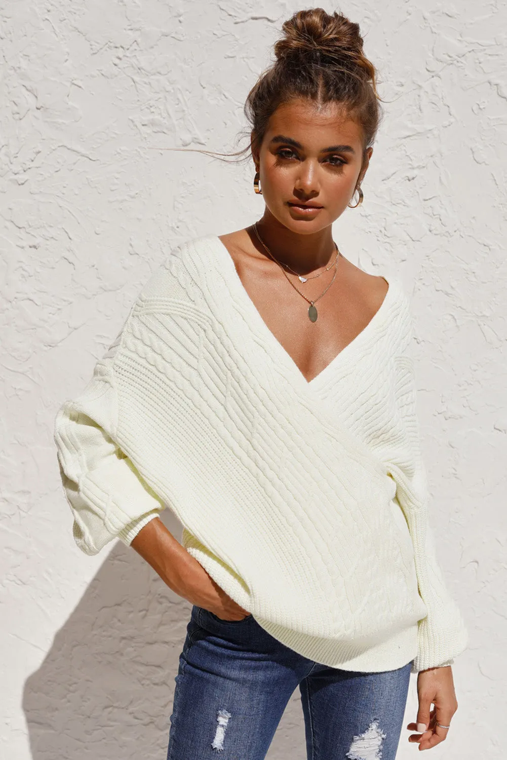 Beige Wrap V Neck Lantern Sleeve Sweater