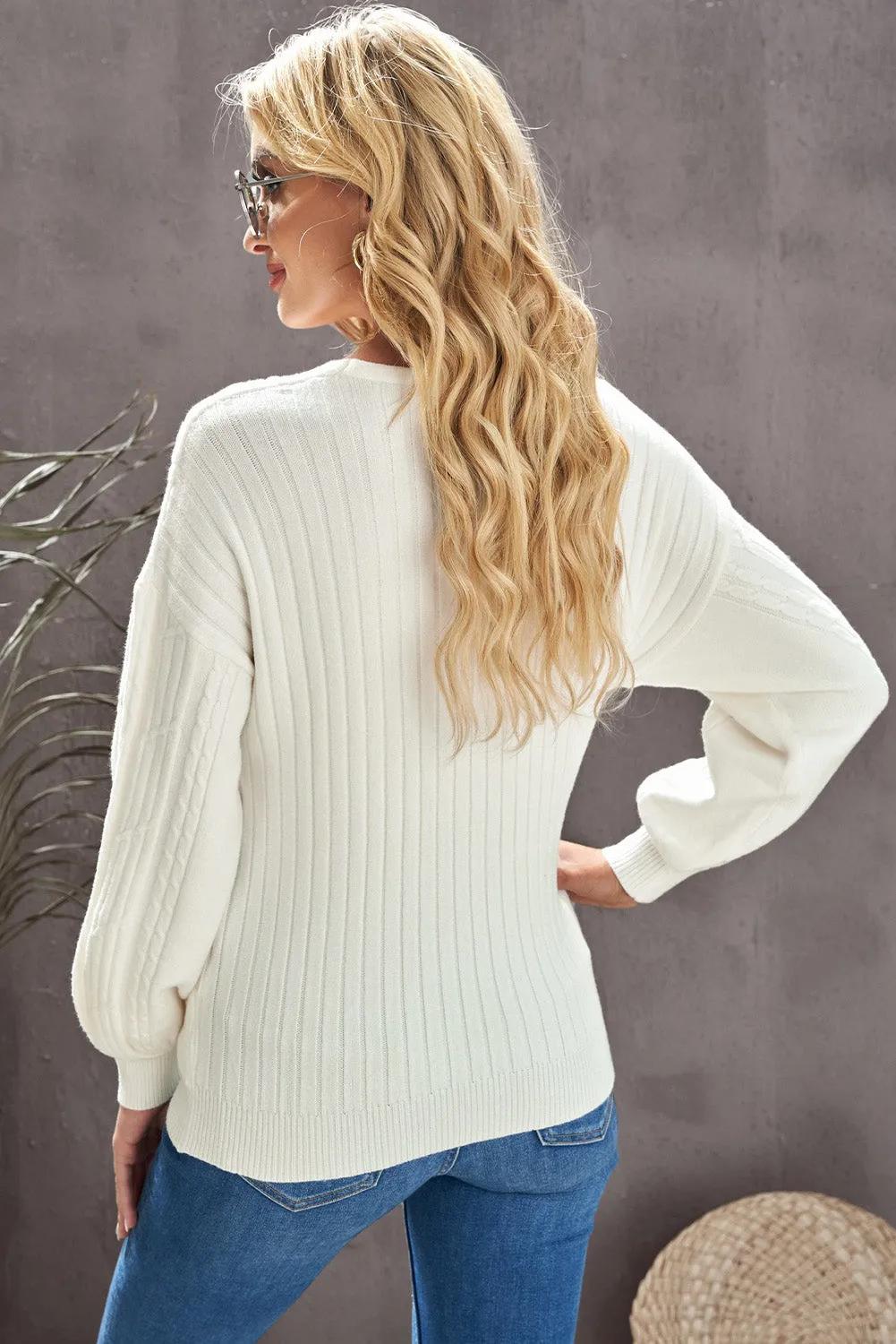 Beige Wrap V Neck Lantern Sleeve Sweater