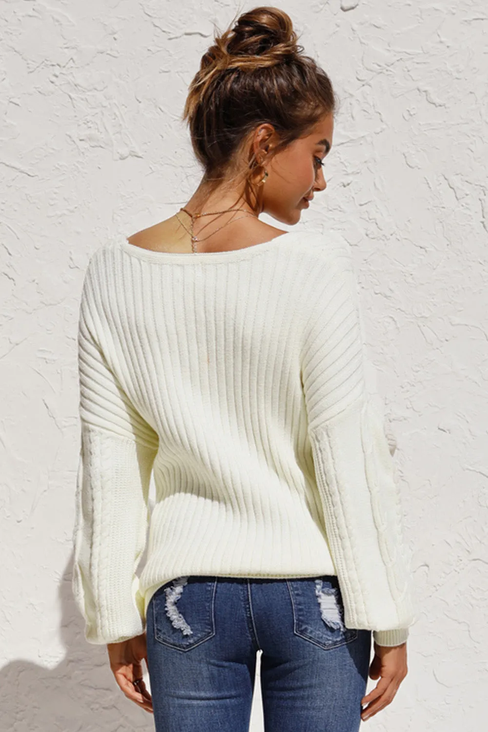 Beige Wrap V Neck Lantern Sleeve Sweater