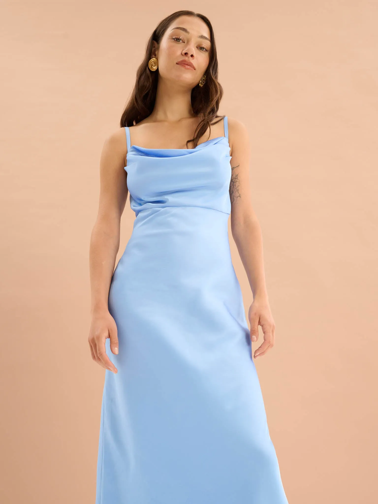 Belle Cowl Neck Strappy Back Midi Dress in Light Blue