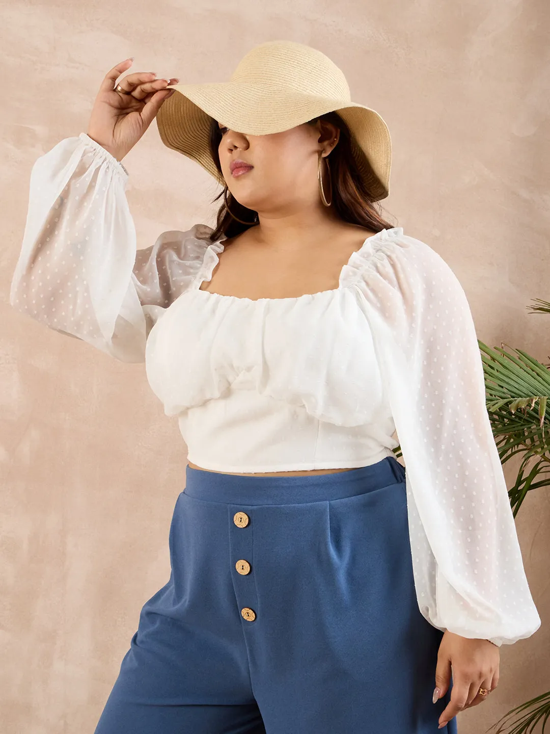 Berrylush Curve White Solid Sweetheart Neck Puff Sleeves Crop Top