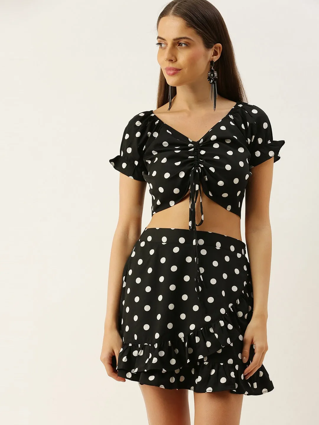 Berrylush Women Black Polka Dot Printed V-Neck Fit & Flare Co-Ordinate Mini Dress