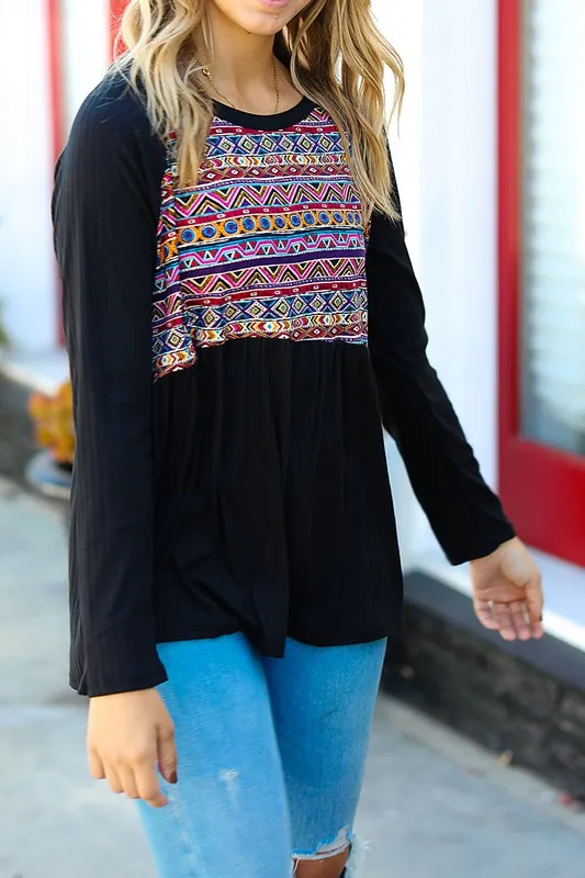 Black Aztec Babydoll Top