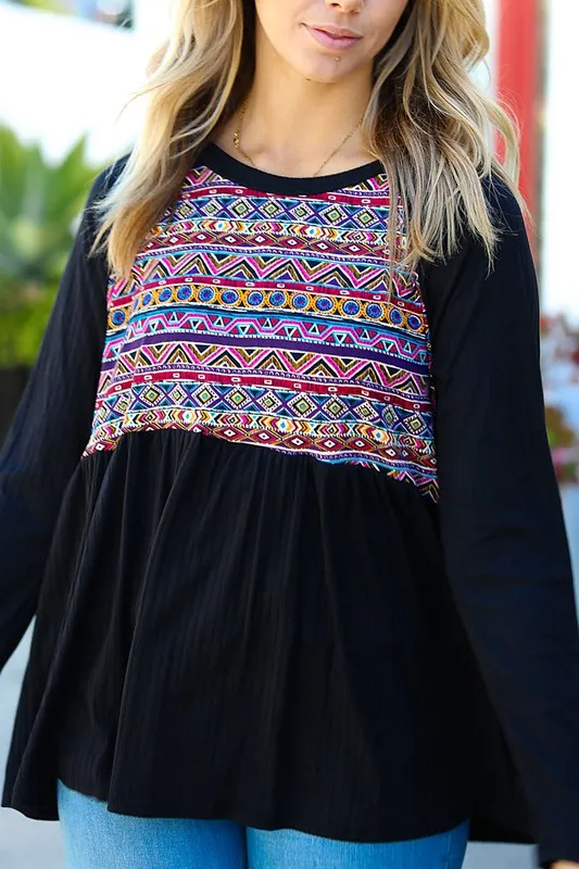 Black Aztec Babydoll Top